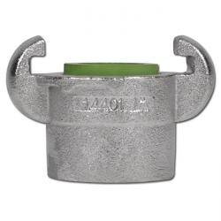 Eine silberne industrielle Kupplung mit einer grünen Innenbeschichtung, die zum Verbinden von Schläuchen oder Rohren dient, vor einem schlichten weißen Hintergrund.