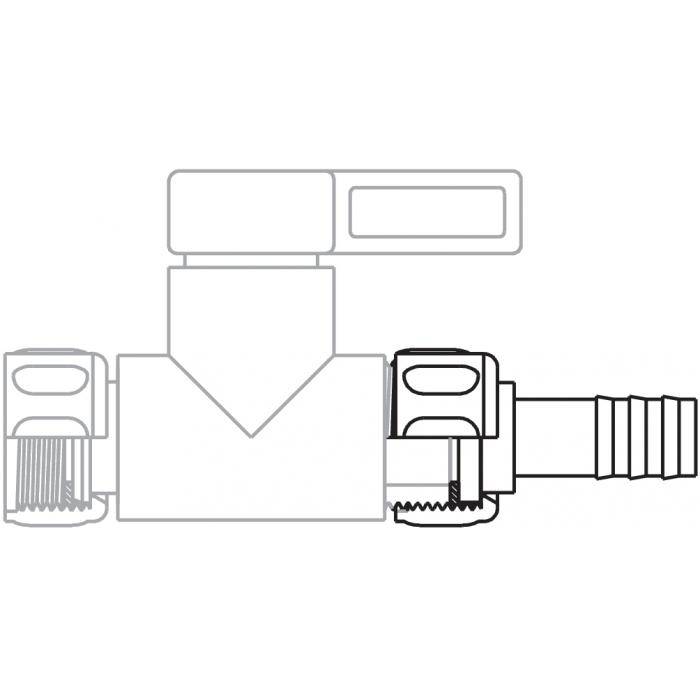 Strichzeichnung einer Rohrverbindung mit einem zentralen T-förmigen Ventilkörper und zwei verbundenen Schlauch- oder Verbinderendstücken, dargestellt als technisches Diagramm.