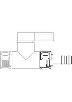 Eine technische Zeichnung eines T-förmigen Rohrventils mit einem Steuerhebel, die seine Anschlüsse und Armaturen zur Fluidregelung detailliert darstellt.