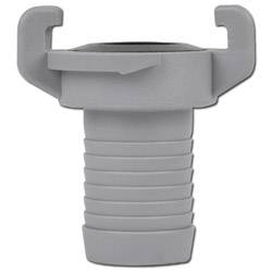 Ein grauer Schlauchkupplung-Anschluss mit Schlauchtülle und offenen U-förmigen Schellen zum Sichern von Schläuchen.