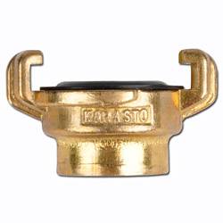 Ein Messinghülsenanschlussdeckel mit zwei seitlichen Griffen, mit der Aufschrift 'Karasto', verwendet zum Abdichten von Wasserschläuchen.