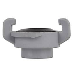 Eine graue Klauenkupplung mit kreisförmigem Design und hakenförmigen Verlängerungen, die zum sicheren Verbinden von Schläuchen oder Rohrleitungen verwendet wird.