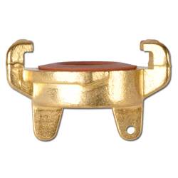 Eine Messingkupplung mit zwei vorstehenden Zinken und einer zentralen roten Gummidichtung, die zum Verbinden von Schläuchen oder Rohrleitungen verwendet wird.