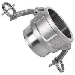 Eine Edelstahl-Camlock-Armatur mit zwei Hebeln und Ringen, die für sichere Schlauchanschlüsse in industriellen Anwendungen verwendet wird.