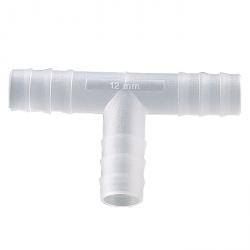 Ein transparenter Plastik-T-Verbinder mit drei Öffnungen, beschriftet mit '12 mm', zur Verwendung für Schlauch- oder Rohranschlüsse.