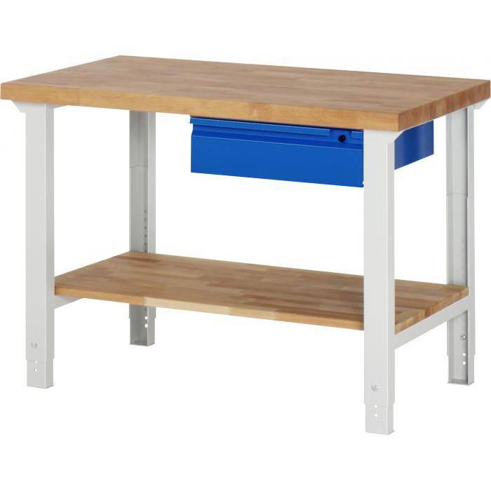 Werkbank B7 - höhenverstellbar - Arbeitshöhe variierbar 790-1140 mm - max 750 kg - Breite 1,25 m - mit Ablage & Schublade
