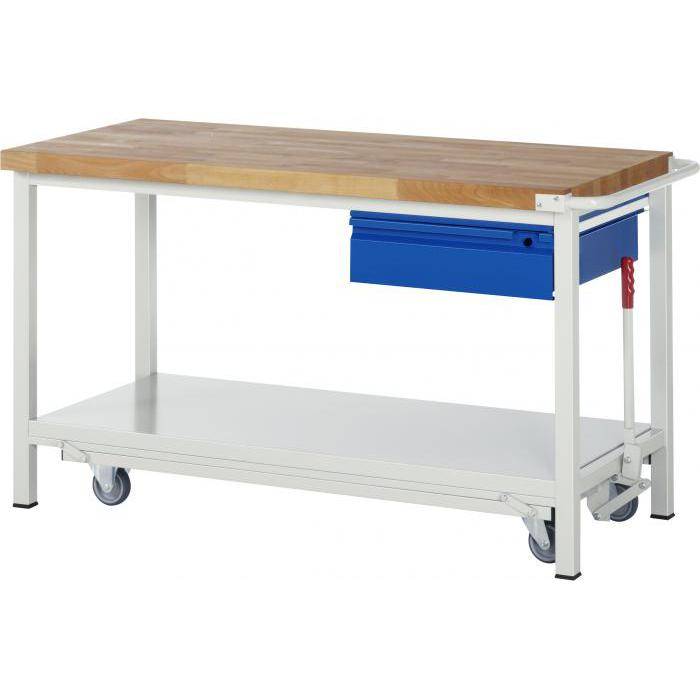 Werkbank Basic 8 - stationär/mobil - Maße (B x T x H) 1500 x 700 x 880 mm Fahrgestell - RAL7035 Lichtgrau/5010 Enzianblau