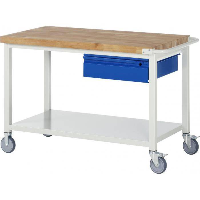 Werkbank B8 - fahrbar - max. 450 kg - Breite 1,25 m - mit Ablageboden & Schublade
