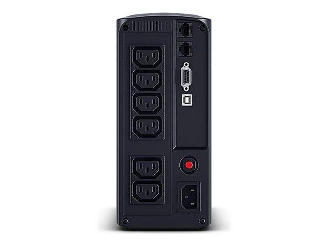 Rückansicht einer schwarzen unterbrechungsfreien Stromversorgung mit sechs AC-Steckdosen, zwei Ethernet-Anschlüssen, einem seriellen Anschluss, einem USB-Anschluss, einem roten Resetknopf und einer Stromeingabe.