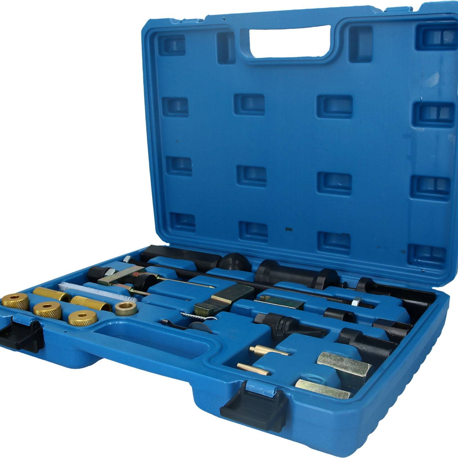 Eine blaue Kunststoff-Transportbox, die geöffnet ist und einen organisierten Satz von Autowerkzeugen zeigt, einschließlich Steckschlüsseln, eines Schraubenschlüssels und verschiedener Adapter.