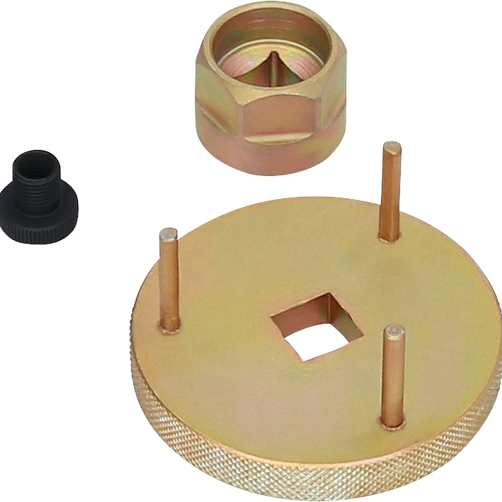 Ein spezialisierter Werkzeugsatz zum Ausrichten oder Reparieren von Fahrzeugmotorkomponenten, ausgestattet mit einer kreisförmigen Grundplatte mit hervorstehenden Stäben und passenden Anbauteilen.