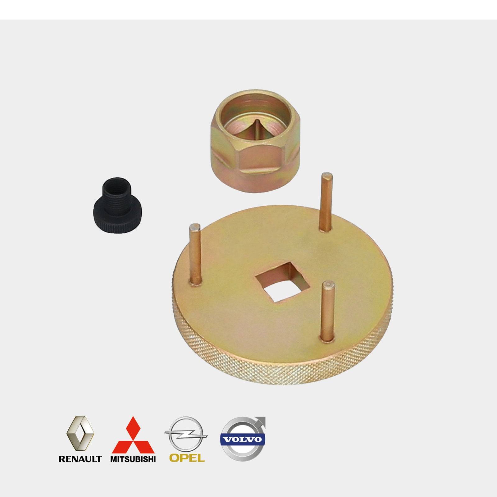 Satz mit Radausrichtwerkzeug für Renault, Mitsubishi, Opel, Volvo, inklusive Mittenplatte, Mutter und Adapter vor weißem Hintergrund.