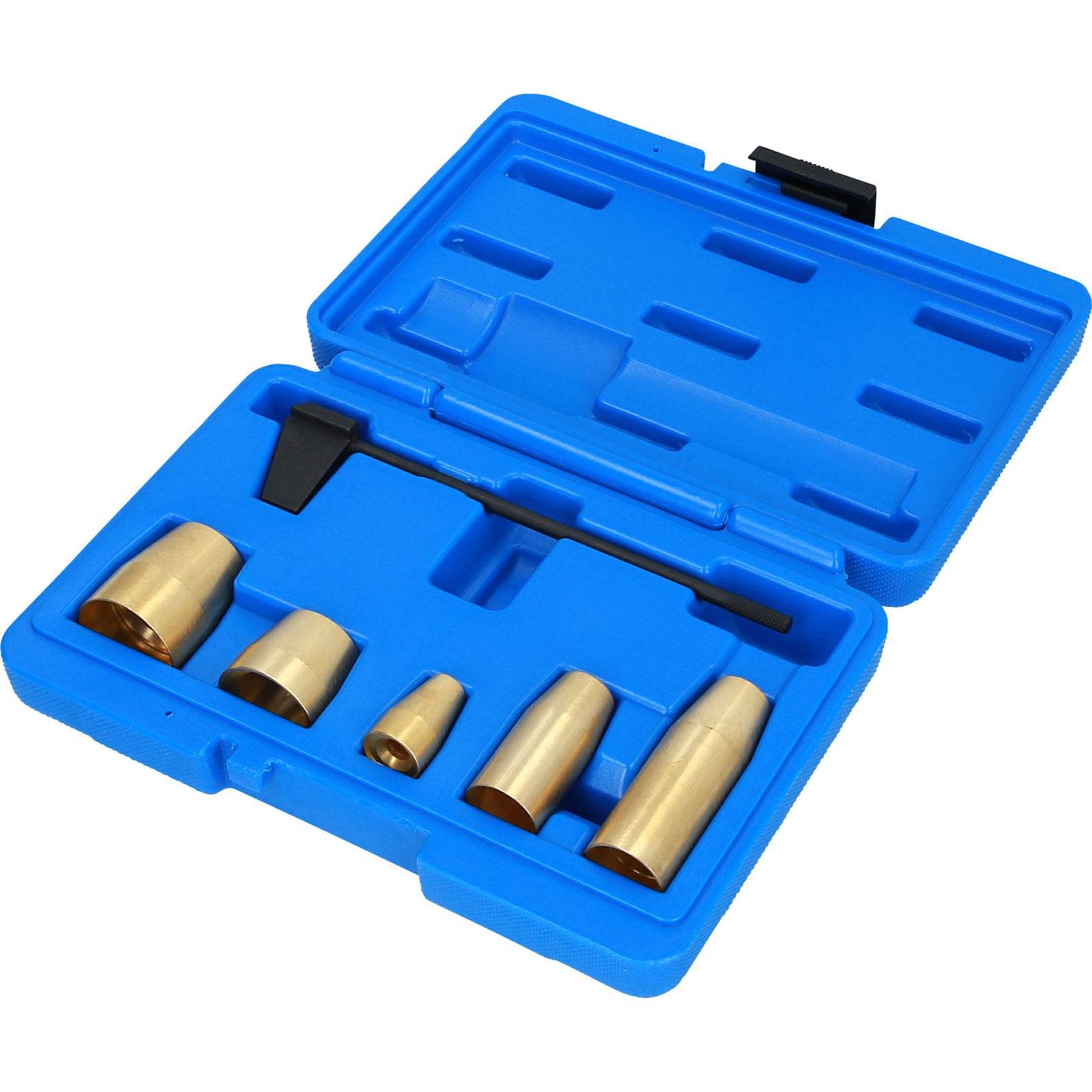Eine blaue Werkzeugkiste, geöffnet mit sechs messingfarbenen Stanzwerkzeugen unterschiedlicher Größe, die zum Entfernen von Radmuttern oder -stiften verwendet werden.