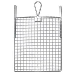 Ein rechteckiger Drahtgeflecht-Korb mit Griffen oben, verwendet zum Frittieren oder Abtropfen von Lebensmitteln, aus Edelstahl gefertigt.