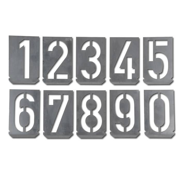 Graue Schablonen, die die Zahlen 1 bis 10 in zwei Reihen auf weißem Hintergrund zeigen.