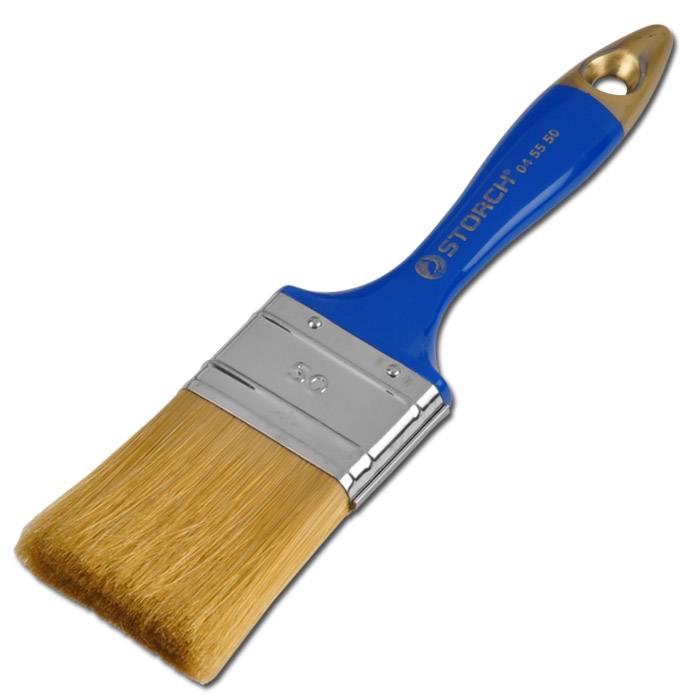 Pinsel mit blauem Griff, goldenen Borsten und einer Metallzwinge, auf weißem Hintergrund dargestellt.