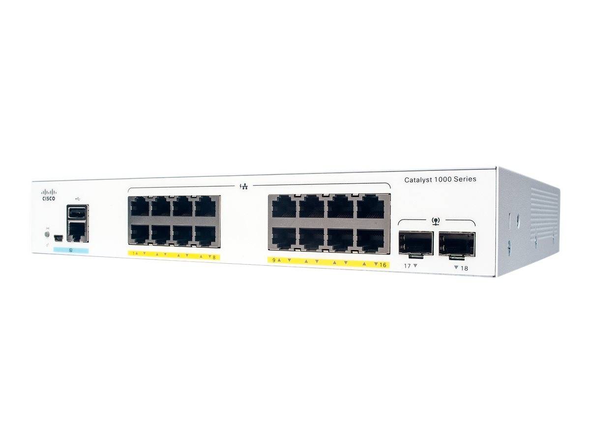 Frontansicht eines Cisco Catalyst 1000 Series Netzwerk-Switches mit mehreren Ethernet-Anschlüssen und zwei Uplink-Anschlüssen auf der rechten Seite auf weißem Hintergrund.