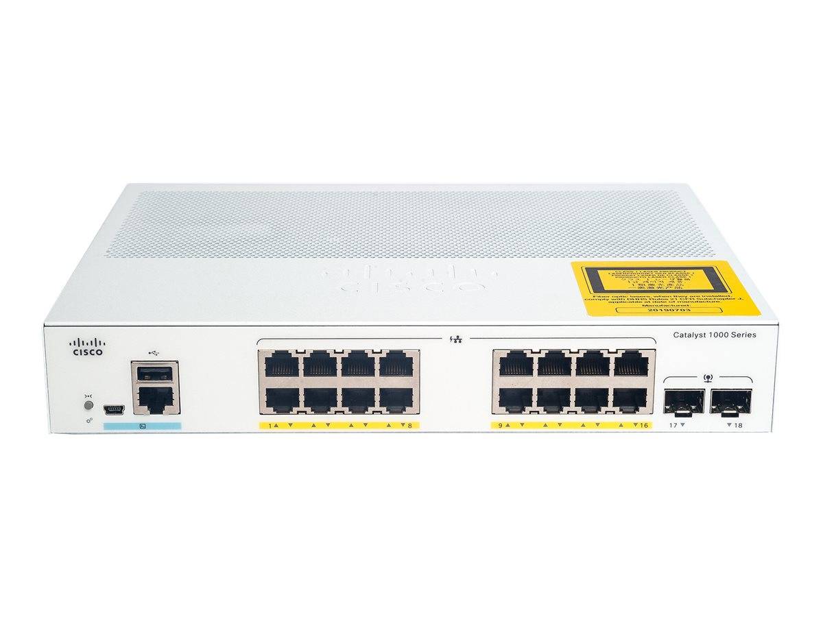 Vorderansicht eines Cisco Catalyst 1000 Series Netzwerk-Switches mit mehreren Ethernet-Anschlüssen und zwei Uplink-Anschlüssen auf der rechten Seite.
