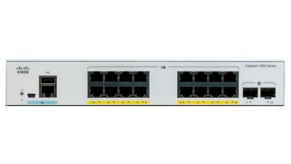 Cisco Catalyst 1000 Series Netzwerkschalter Frontplatte mit mehreren Ethernet-Anschlüssen, Konsolenport, Status-LEDs und Stromeingang.