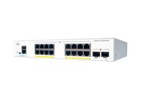 Vorderansicht eines weißen Netzwerk-Switches mit mehreren Ethernet-Anschlüssen und zwei Uplink-Anschlüssen auf der rechten Seite.