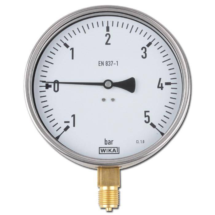 Manometer - Klasse 1,0 - Ø 160 - Vakuum - Anschluss G 1/2" B unten - Skalenteilung 0,1 - Anzeigebereich -1 bis 5 bar

