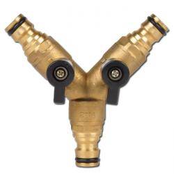 Y-Verteiler, Gartenschlauch - 2 x Stecker / 1x Innengewinde 3/4" - Messing - NBR Dichtung - Nylon Klemmring - max. 60°C - PN 0 bis 8 bar