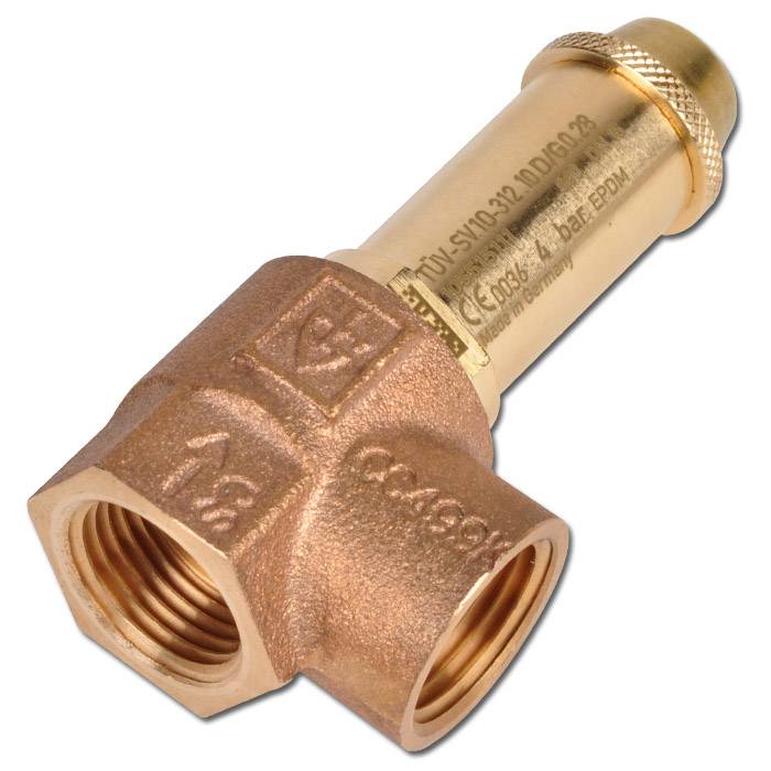 TÜV Ecksicherheitsventil - Flüssigkeiten, Gase, Dampf - Anschluss G 1/2" - Ansprechdruck 16 bar - Abblaseleistung 50 Kg/h, Dampf - Rotguss, EPDM