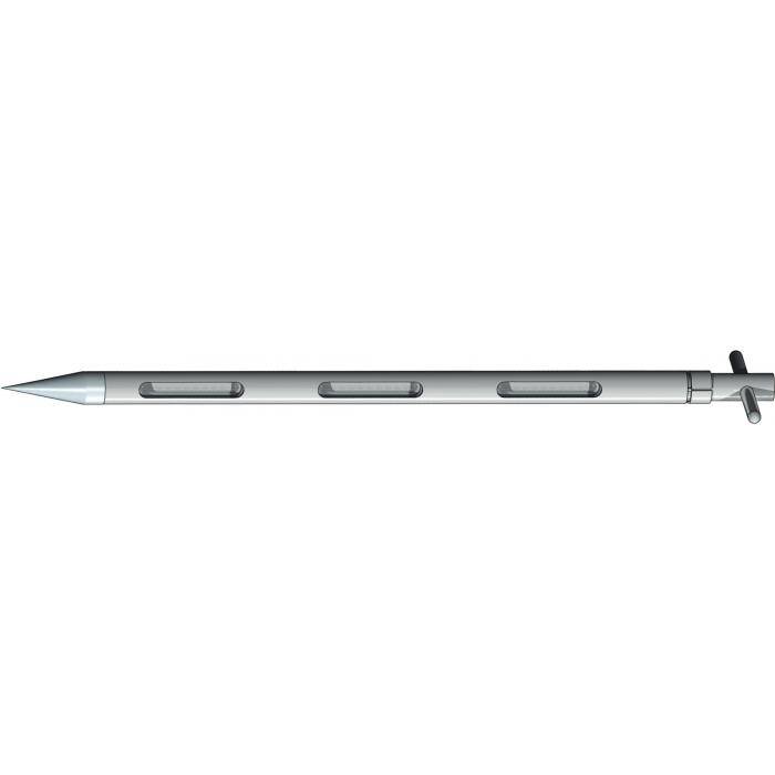 Ein silberner stiftförmiger Stylus mit spitzer Spitze und Clip, horizontal auf weißem Hintergrund dargestellt.