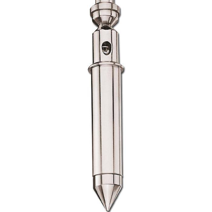 Ein Chrom-Metallwandanker oder -befestiger mit spitzer Spitze, gezeigt auf einfachem weißem Hintergrund.
