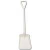 Eine weiße Kunststoffschaufel mit dreieckigem Griff, konzipiert für leichte Aufgaben wie das Schaufeln von Schnee oder Sand.