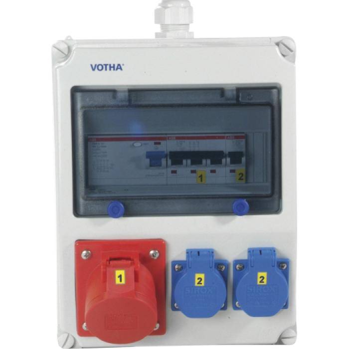 Wandverteiler "Worms" - 1x CEE 32A, 400 V, 2x Steckdosen 230 V - 1x LS 32A, 3-polig, C, 1x LS 16A, 1-polig, C - Maße (H x B x T) 284 x 204 x 122 mm