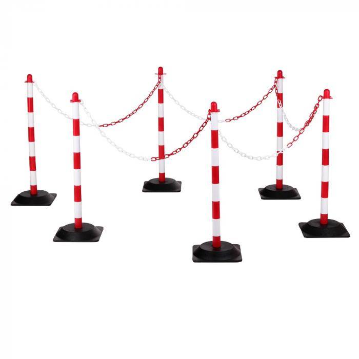 Kettenpfostenset - Kunststoff - Set aus 6 Pfosten und 6 Fußplatten - 10 m Kunststoffkette - weiß-rot