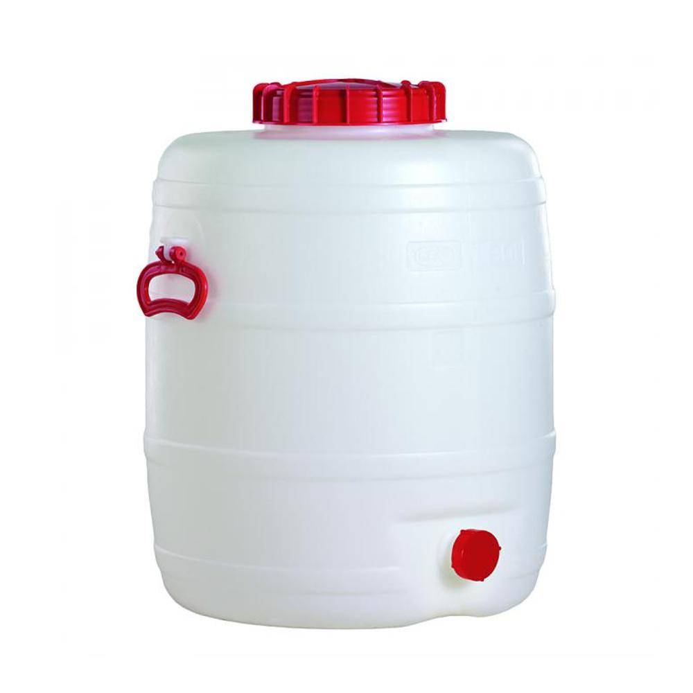 Kunststofffass - Volumen 80 Liter - Gesamtdurchmesser 480 mm - Höhe 565 mm - Gesamthöhe 620 mm - Durchmesser Schraubring 200 mm - Gewicht 4,1 kg