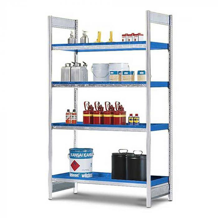 Gefahrstoffregal GRW 1360 - Grundfeld - 1360 x 640 x 2000 mm - 4 Stahlwannen - für wassergefährdende Stoffe
