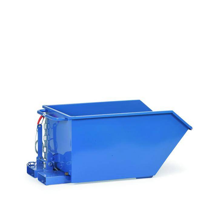 Blauer Metallmüllcontainer oder Abrollcontainer auf weißem Hintergrund, in der Seitenansicht gezeigt mit offener Oberseite und geneigter Frontseite.