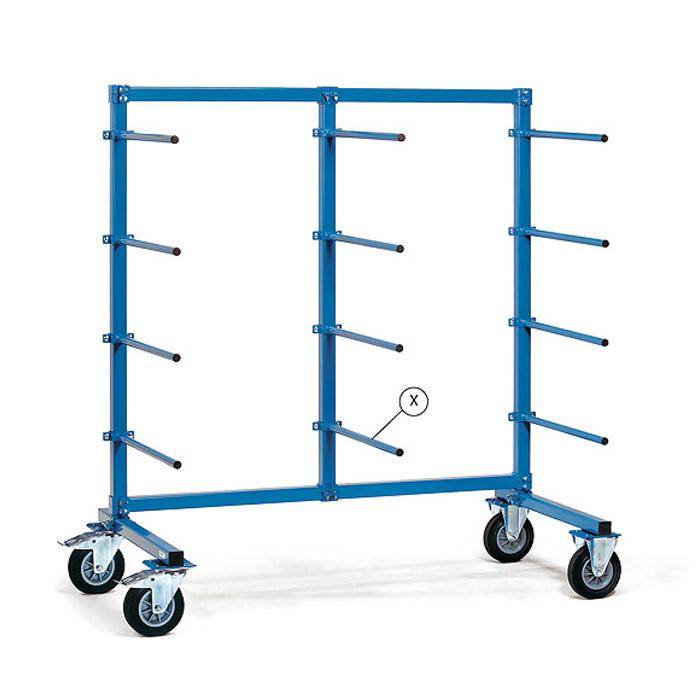 Blauer fahrbarer Metallgestell-Wagen mit mehreren Seitinarmen und einer „X