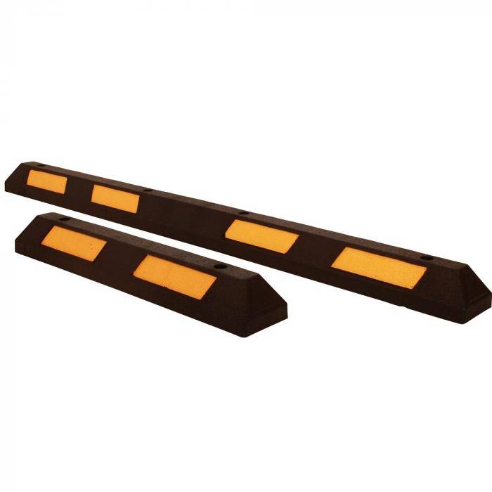 Zwei schwarze Parkplatzanschläge mit orangefarbenen reflektierenden Paneelen, dargestellt auf weißem Hintergrund.