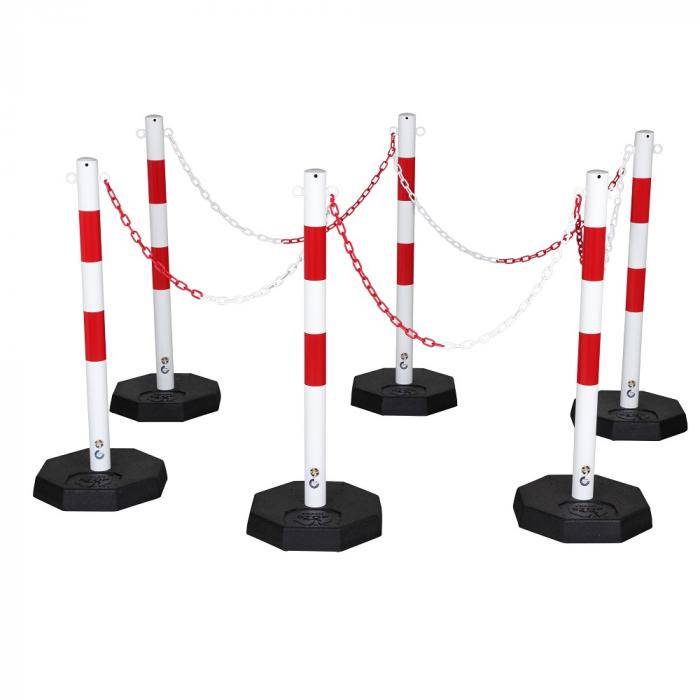 Kettenpfostenset - Stahl - Set aus 6 Pfosten und 6 Fußplatten - 25 m Kunststoffkette - weiß-rot