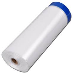 Ein großes, aufgerolltes Stück durchsichtiger Kunststofffolie mit einem blauen Streifen am Rand.