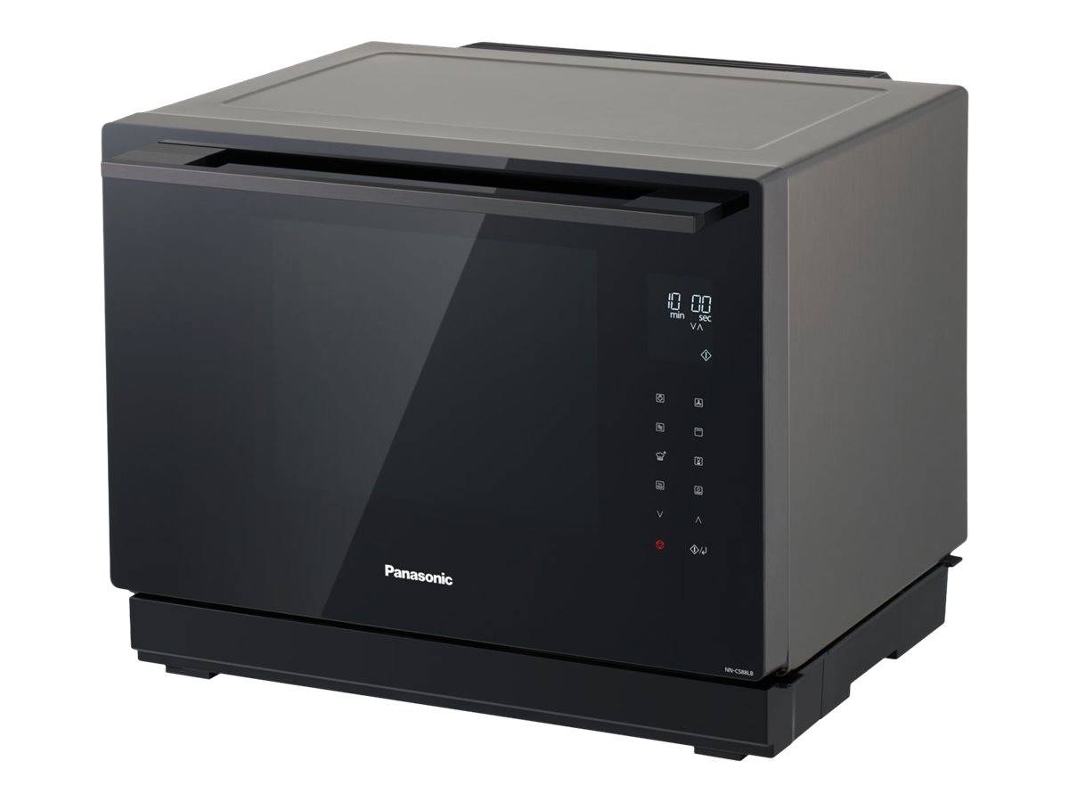 Schwarze Panasonic Mikrowelle für die Arbeitsplatte mit digitalen Frontbedienelementen und Display.