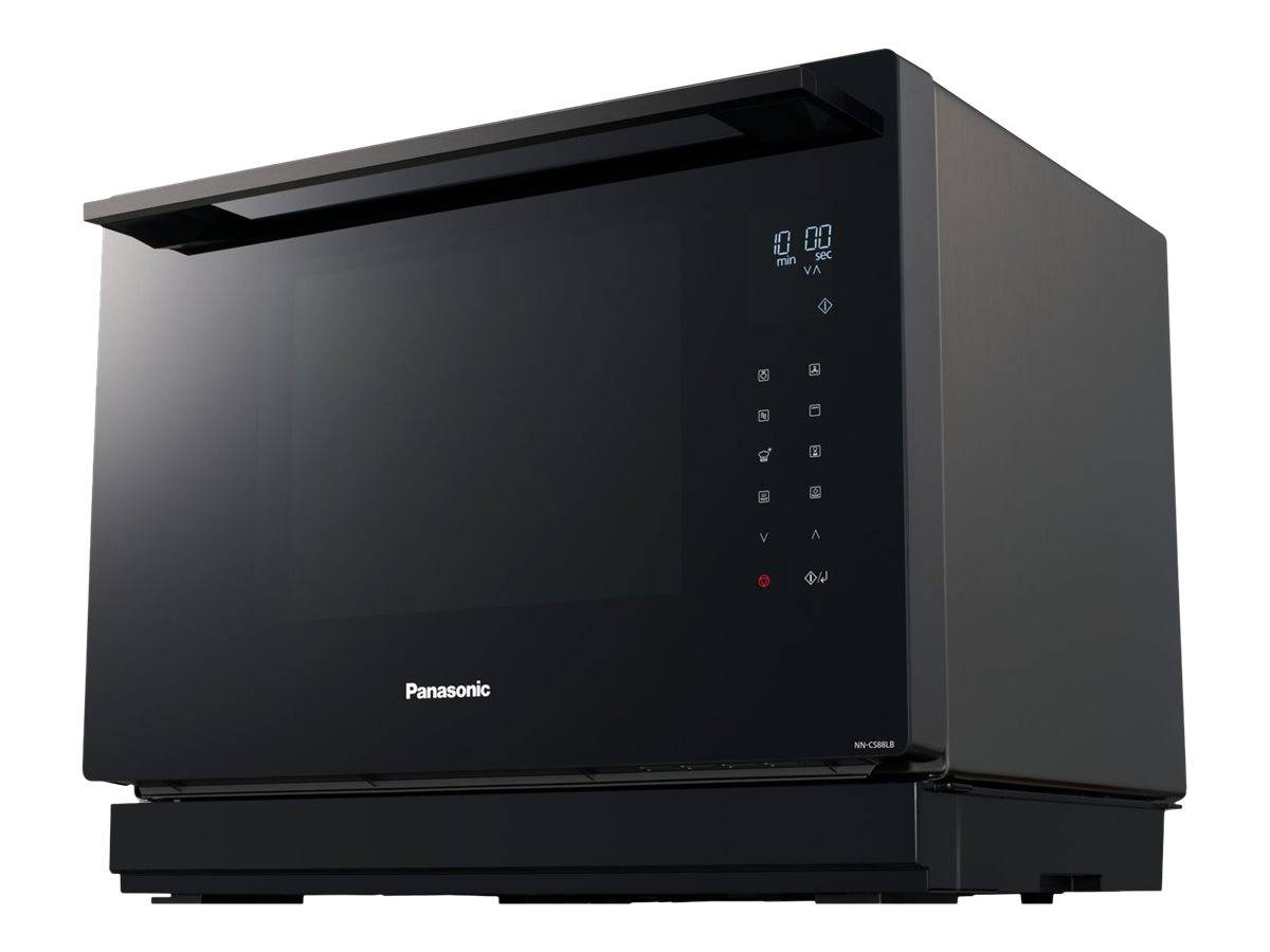 Schwarze Panasonic-Mikrowelle für die Arbeitsplatte mit digitalem Bedienfeld und vorderer Klapptür, gezeigt auf weißem Hintergrund.