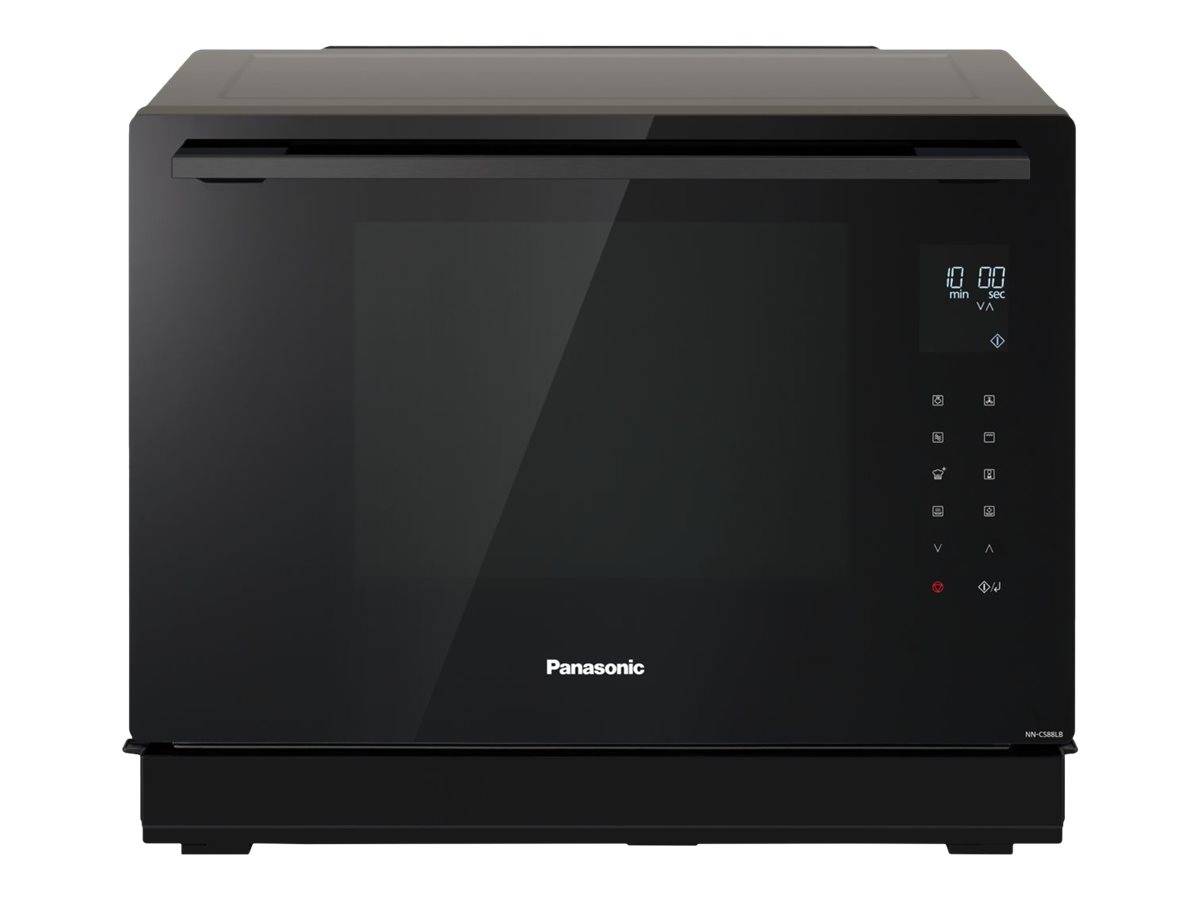 Vorderansicht eines schwarzen Panasonic-Mikrowellen-/Ofengeräts für die Arbeitsplatte mit digitaler Anzeige und Touchbedienungselementen auf der rechten Seite.