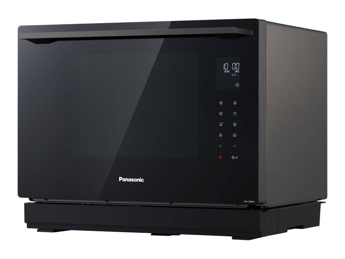 Schwarze Panasonic-Mikrowelle für die Arbeitsplatte mit digitalem Bedienfeld und Display auf der rechten Seite.