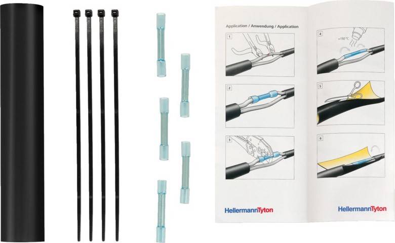 Das Bild zeigt sechs schwarze Kabelbinder und acht blaue Verbinder neben einem gefalteten Anleitungsprospekt mit Gebrauchsillustration.