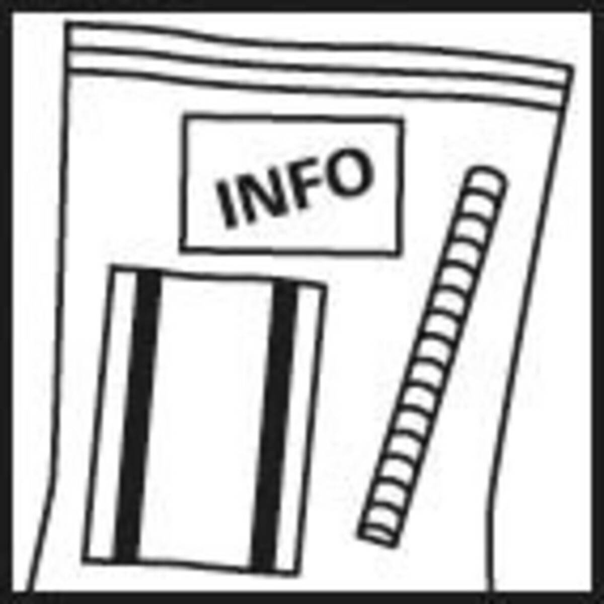 Eine schwarz-weiße Illustration eines offenen Zip-Lock-Beutels, der eine Karte und ein SpiralNotizbuch mit der Beschriftung 