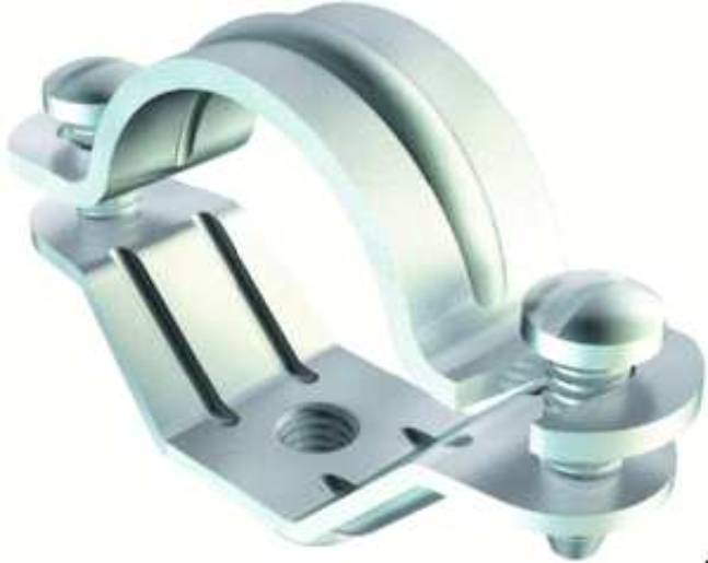 Eine metallische Rohrschelle mit zwei Bolzen und einem gebogenen Band. Das Design legt nahe, dass sie zum sicheren Befestigen von Rohren verwendet wird.
