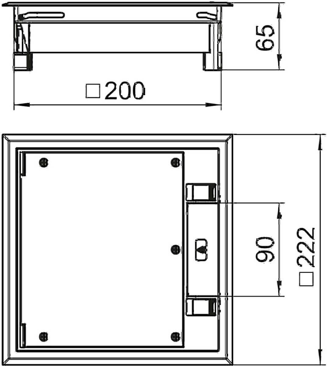 Technische Zeichnung eines rechteckigen Objekts mit Abmessungen: Breite 200 mm, Höhe 65 mm, Seitenlänge 90 mm und eine weitere Seitenlänge 222 mm.
