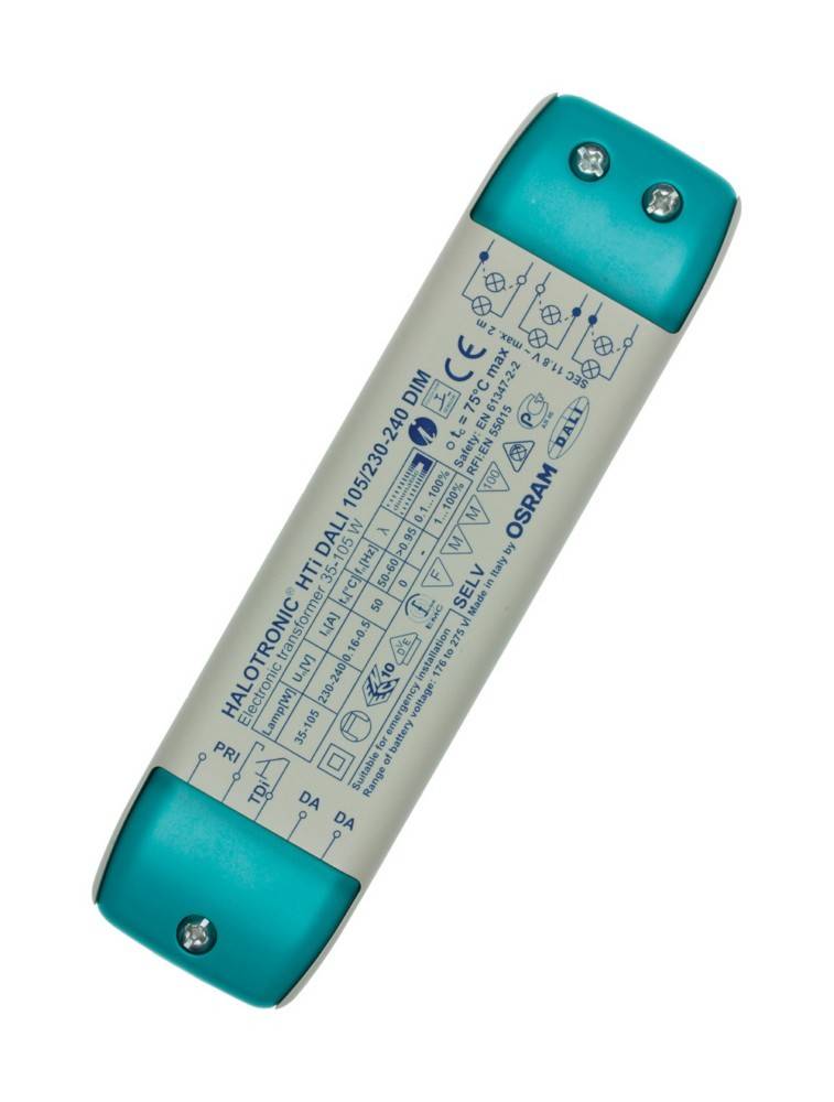 Elektronisches Vorschaltgerät mit Beschriftung 'HALOTRONIC HTi DALI 105/230-240 DIM', mit technischen Spezifikationen und Sicherheitssymbolen.