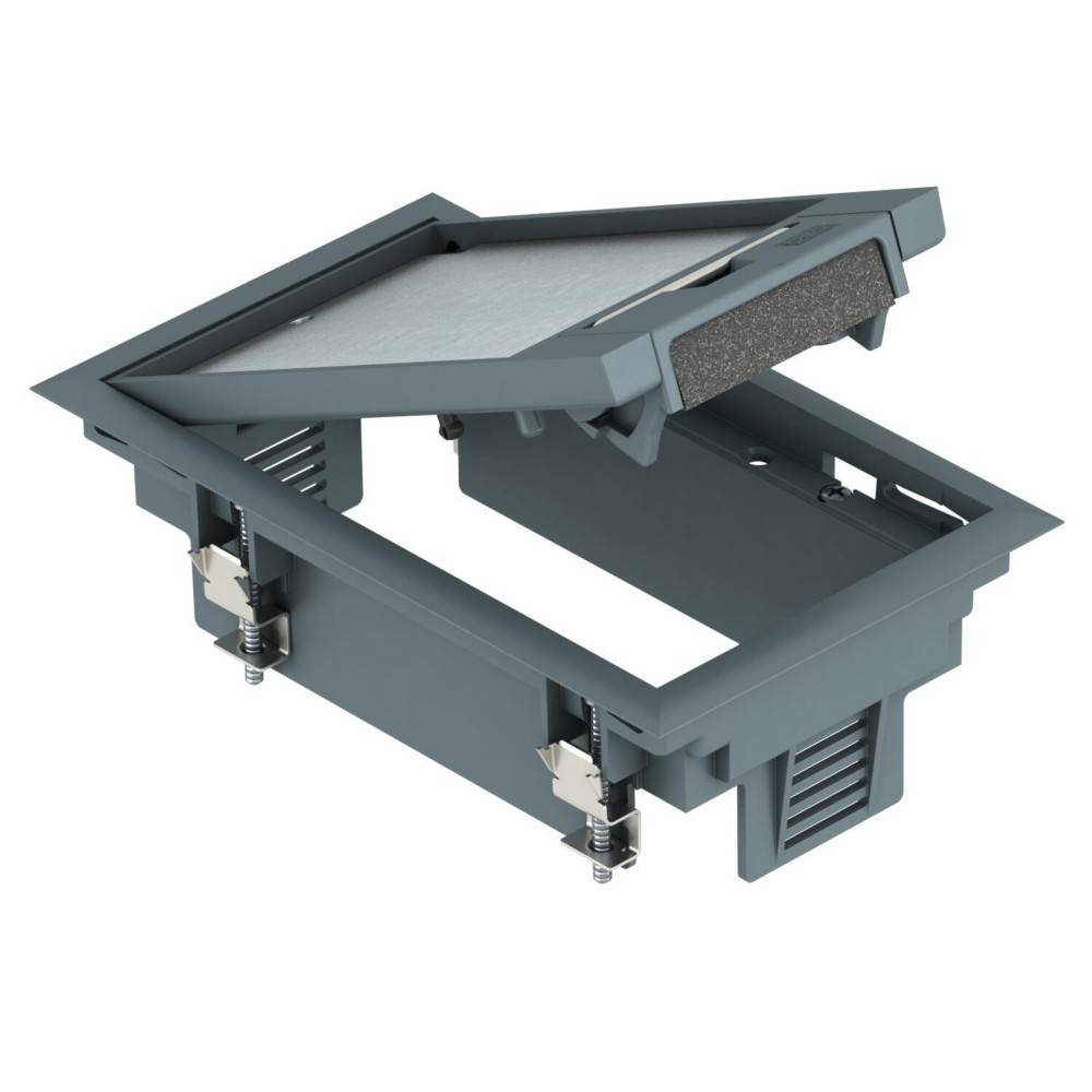 Ein grauer Bodeneinführungsdurchführung mit offener Abdeckung, die den Innenraum freilegt; ausgestattet mit verstellbaren Befestigungsklemmen und Kabelverwaltungsfunktionen.