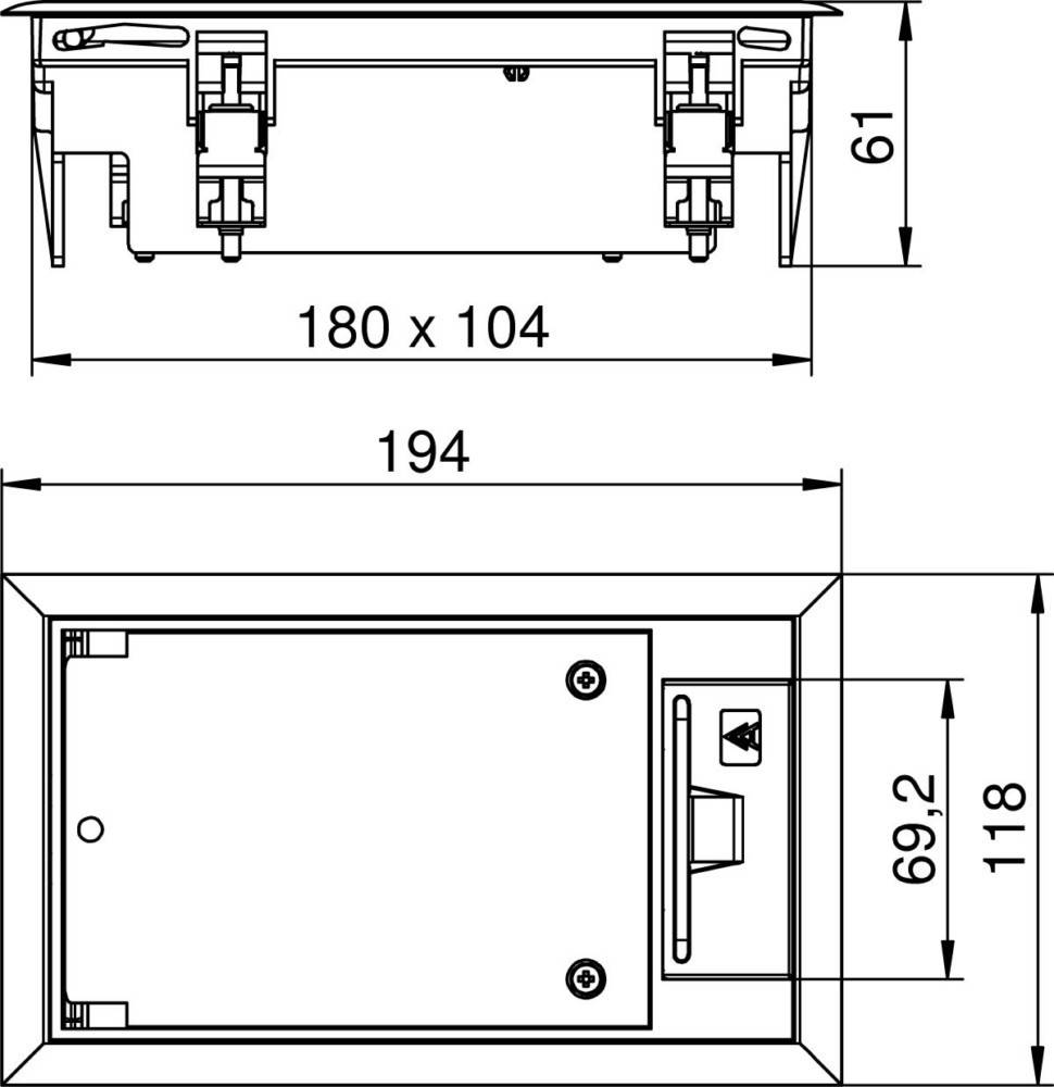 Schalterdoseabdeckung mit Abmessungen (in mm): Breite 194, Abdeckungsmaße 180 x 104, Höhe 118 und Tiefe 61.